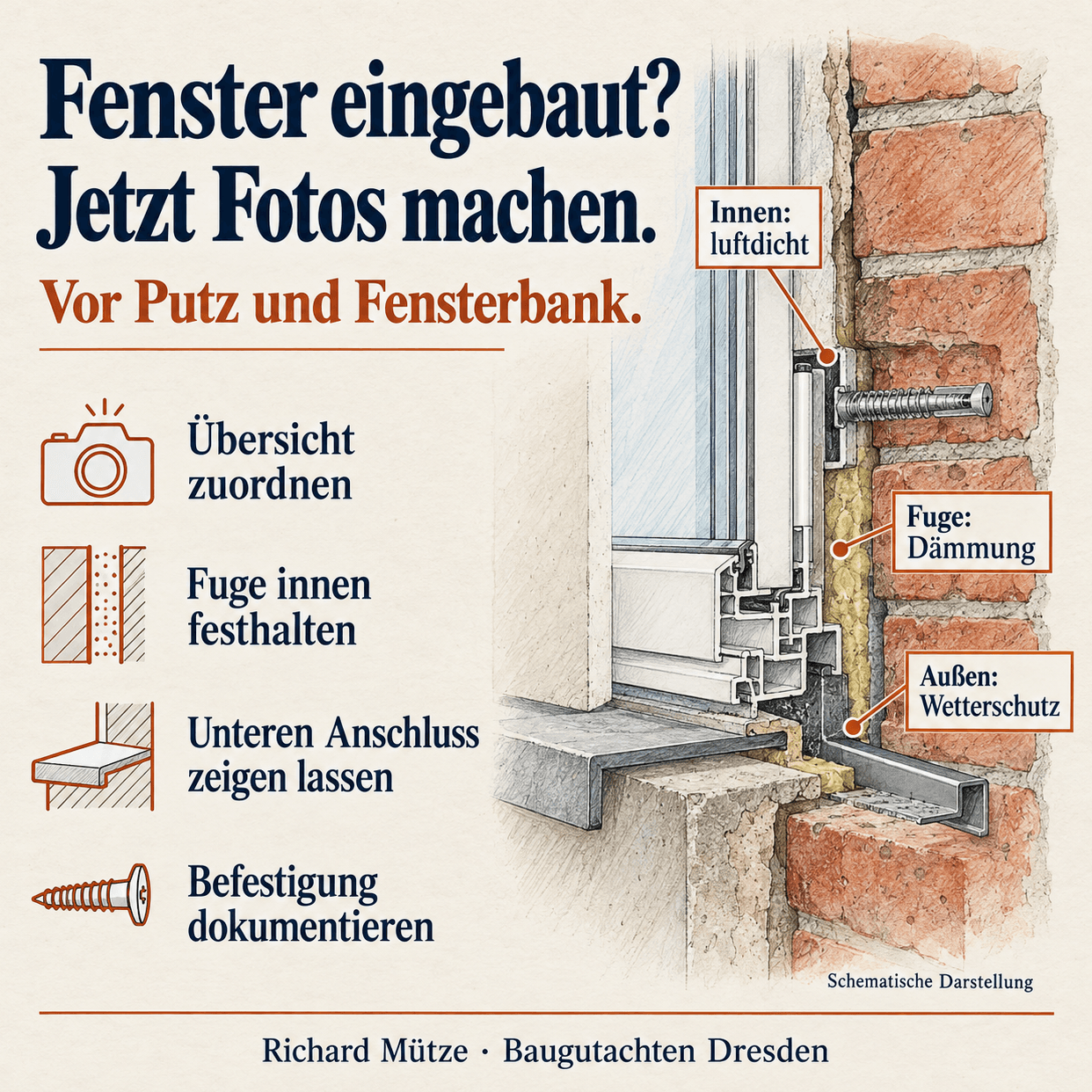 Fachgrafik zu Fenstermontage im Altbau: Anschlüsse vor dem Verputzen dokumentieren von Richard Mütze, Baugutachter Dresden
