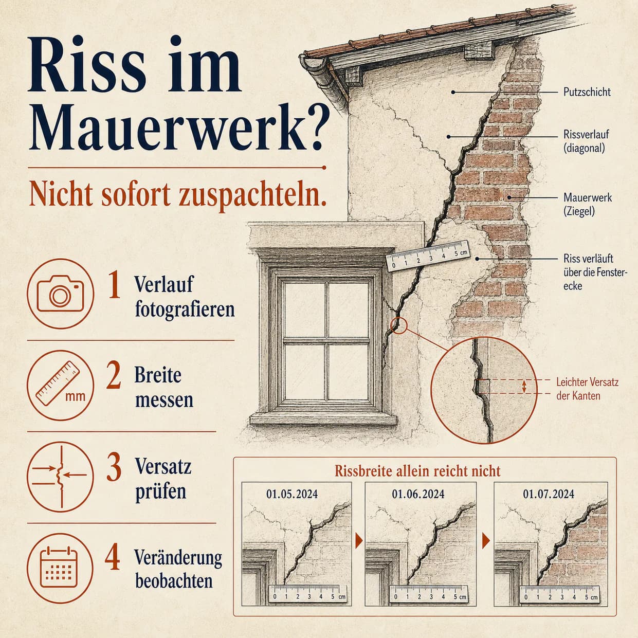 Fachgrafik zu Risse im Mauerwerk in Dresden: Wann handeln und wann beobachten? von Richard Mütze, Baugutachter Dresden